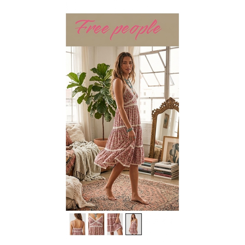 Free People Boho Prairie Cottagecore Ditsy Floral Lace Trim Tiered Mini Dress M